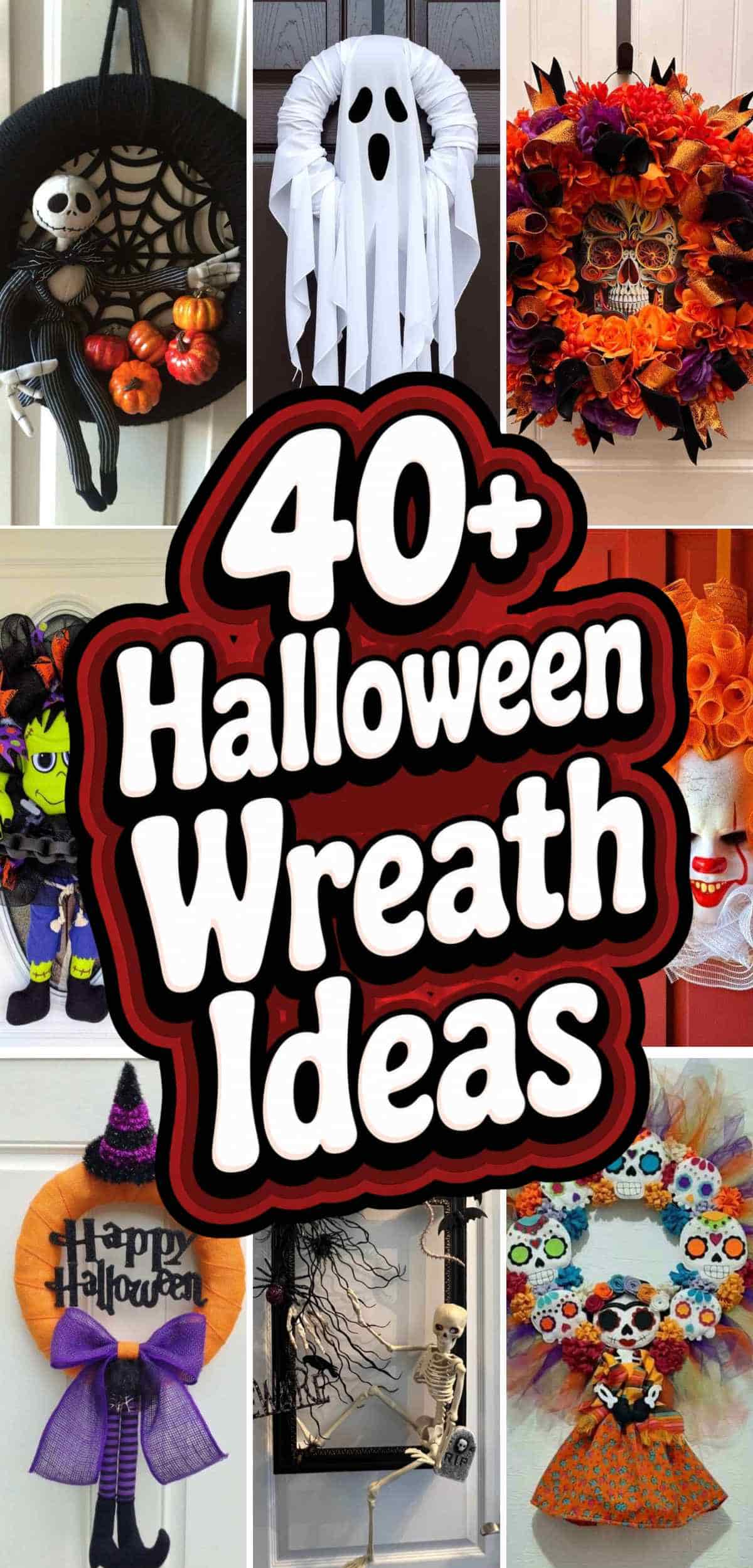 Collage of nine Halloween-themed wreaths with various decorations and the text “40+ Halloween Wreath Ideas” in bold letters at the center.