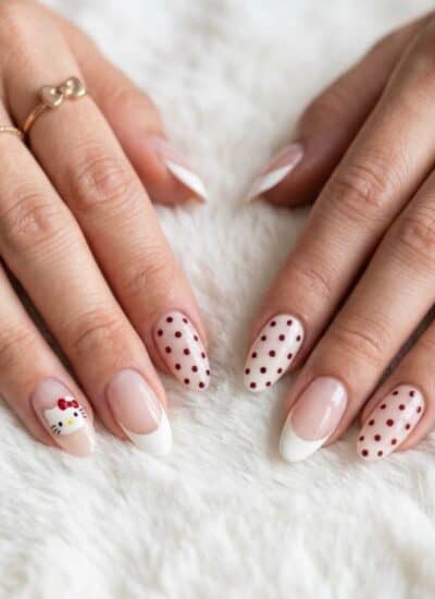 Two hands with manicured nails; most nails have a French tip, one has a Hello Kitty design, and two have red polka dots. Hands rest on a white, fluffy surface.