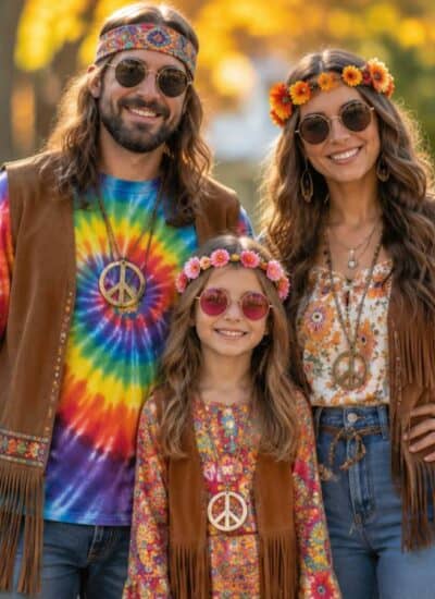 Three people wearing 1970s-inspired hippie costumes with tie-dye, floral prints, fringed vests, peace sign necklaces, and flower headbands, standing outdoors on a sunny day.