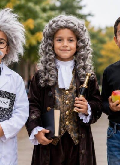 Three children dressed as famous scientists: one as Albert Einstein, one as Isaac Newton, and one as Steve Jobs, standing outdoors and posing for the photo.