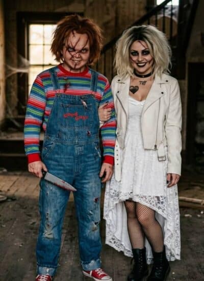 Two people in a rundown room, one dressed as Chucky with a knife and overalls, the other as Tiffany in a white dress and leather jacket, both from the Child’s Play horror movie series.