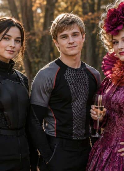 Three people in costume stand outdoors; one holds a bow and wears black, another wears a grey athletic outfit, and the third wears a fancy magenta dress with a large headpiece and holds a glass.