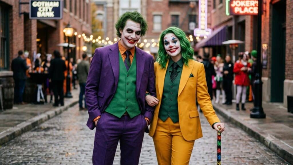 Two people dressed as the Joker, one in a purple suit and the other in a yellow suit, stand together on a cobblestone street with city signs visible in the background.