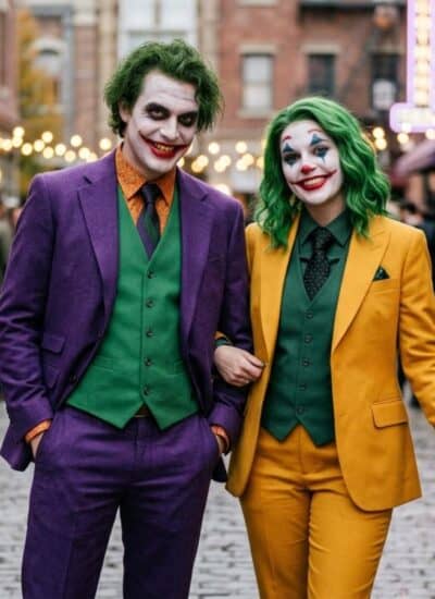 Two people dressed as the Joker, one in a purple suit and the other in a yellow suit, stand together on a cobblestone street with city signs visible in the background.