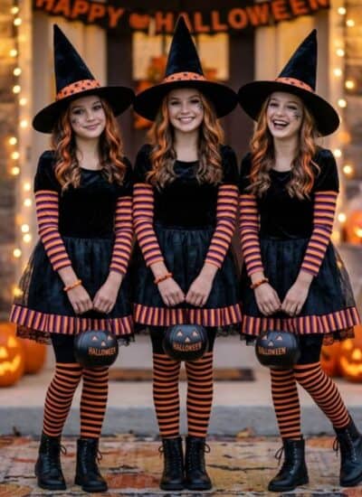 Three women in matching witch costumes stand in front of a house decorated with pumpkins and Halloween decor.