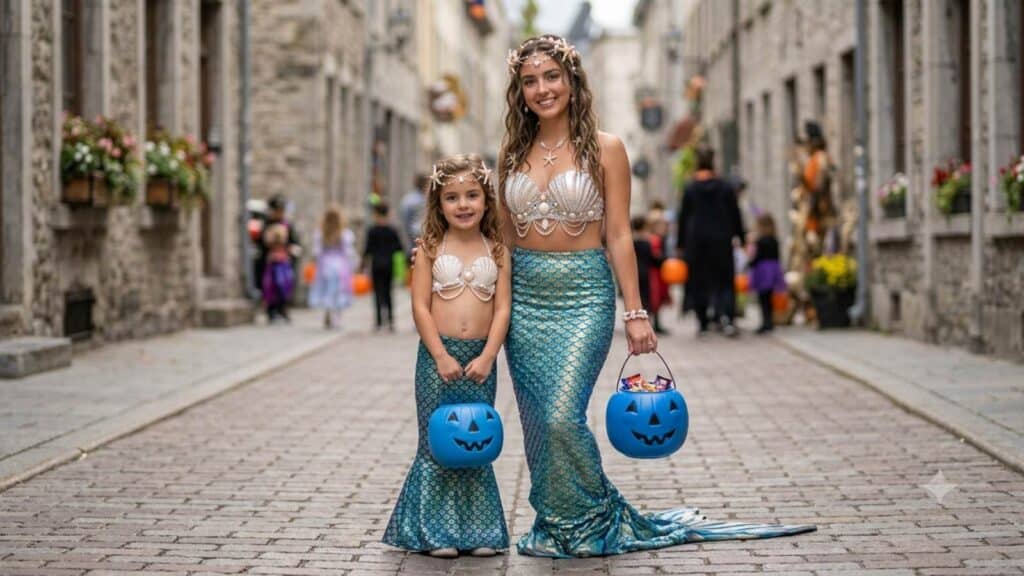 Two people dressed as mermaids hold blue pumpkin buckets while standing on a cobblestone street, surrounded by others in costumes.