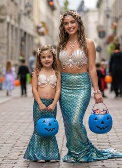 Two people dressed as mermaids hold blue pumpkin buckets while standing on a cobblestone street, surrounded by others in costumes.