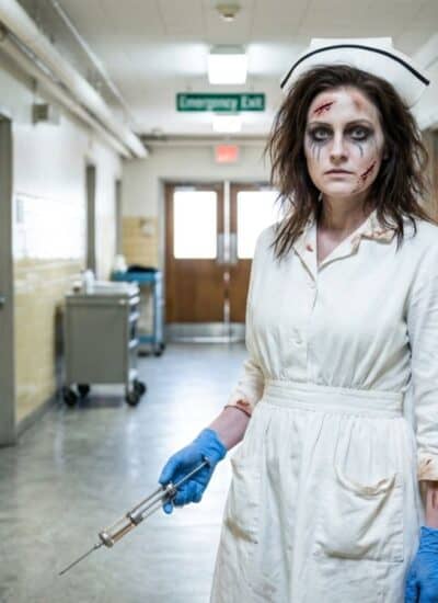A woman dressed as a nurse with smeared makeup and fake blood holds a syringe in a hospital hallway, suggesting a horror or Halloween theme.