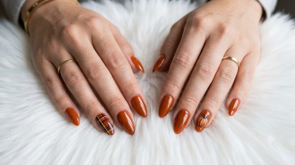 Two hands with long, almond-shaped nails painted brown; one nail on each hand features detailed plaid and spiderweb designs. Hands rest on a white fuzzy surface.
