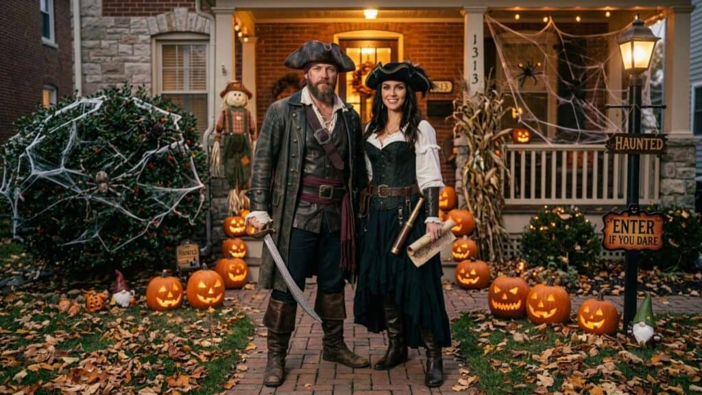 Two adults in pirate costumes stand in front of a house decorated with jack-o’-lanterns, spider webs, and Halloween props, including a “Haunted” sign and “Enter If You Dare” sign.