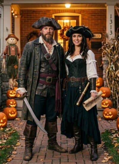 Two adults in pirate costumes stand in front of a house decorated with jack-o’-lanterns, spider webs, and Halloween props, including a “Haunted” sign and “Enter If You Dare” sign.