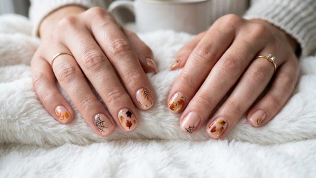 Close-up of hands with autumn-themed nail art, featuring leaves and spiderweb designs, resting on a white fuzzy blanket; a white cup is in the background.
