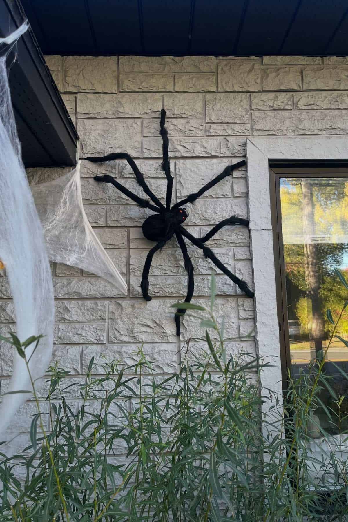Large black spider decoration attached to the exterior brick wall of a house near a window, with artificial webs and greenery visible.