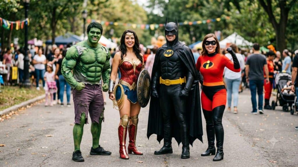 Four adults in superhero costumes, including the Hulk, Wonder Woman, Batman, and an Incredibles character, stand together outdoors at a crowded event or festival.