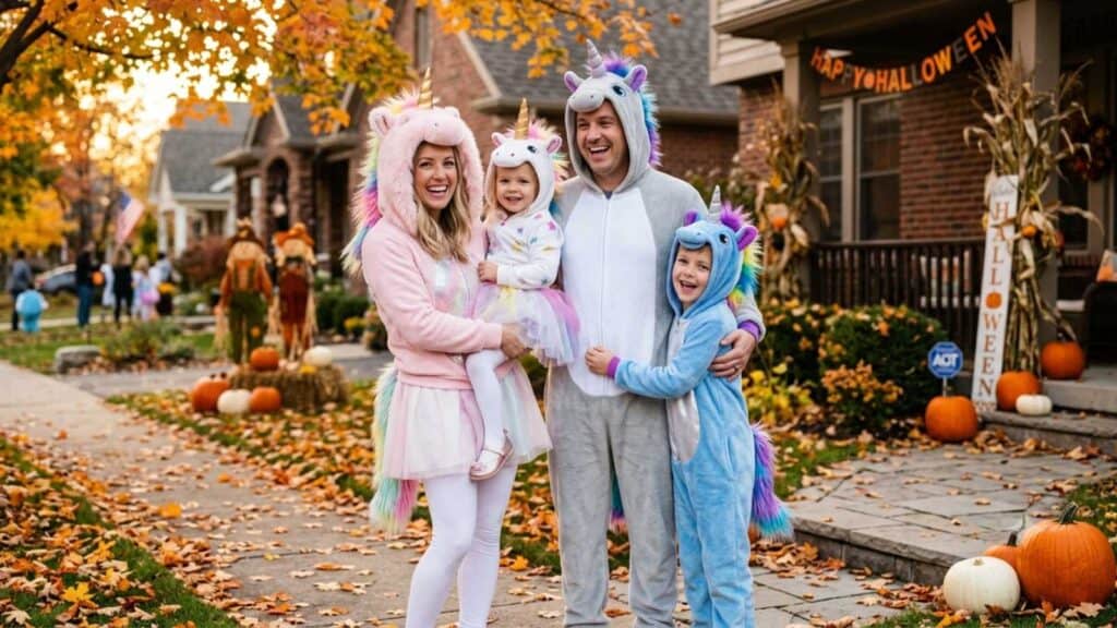 A family of four in unicorn costumes poses outside on a sidewalk decorated with pumpkins and autumn leaves, with houses and Halloween decorations in the background.