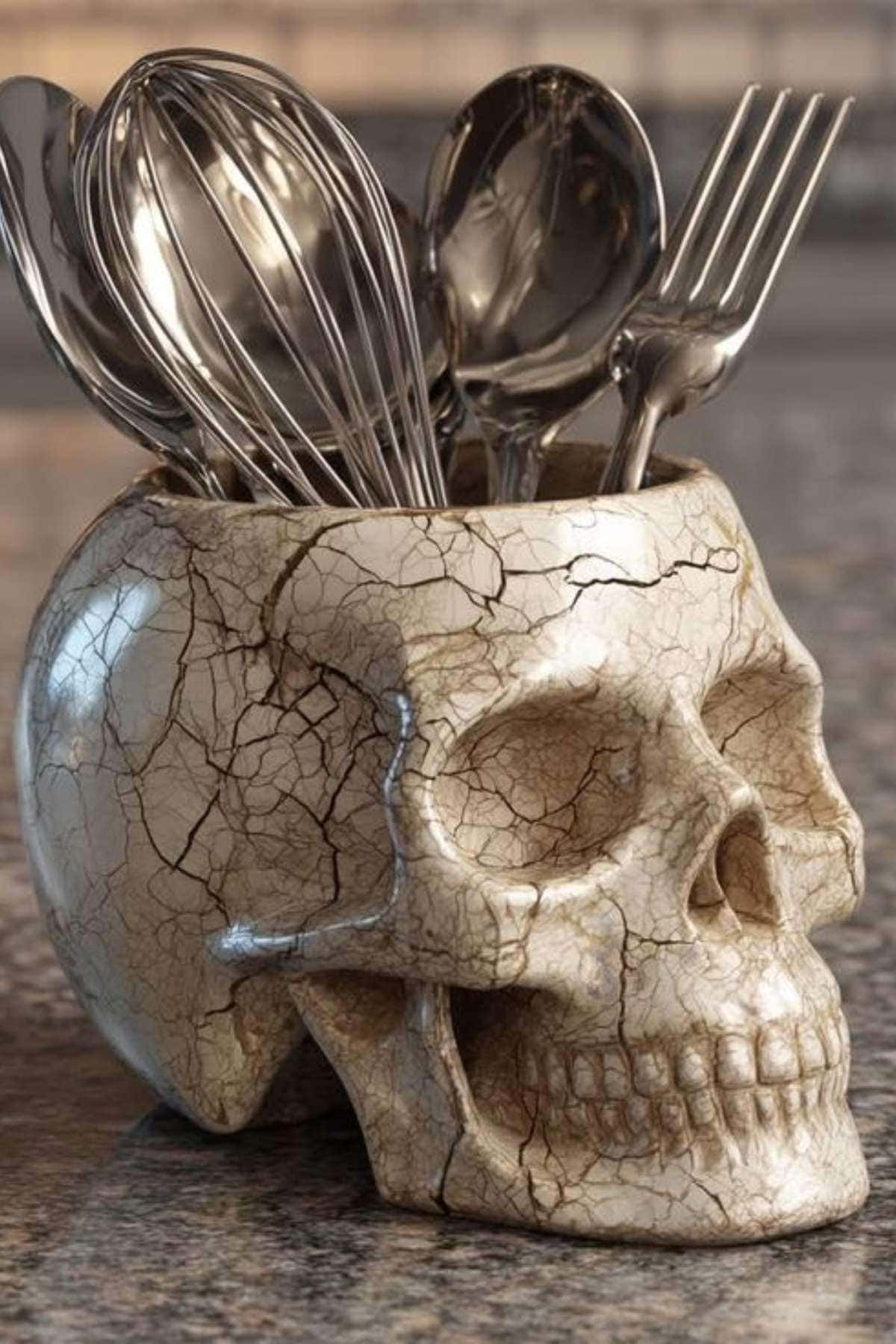 A cracked ceramic skull is used as a utensil holder, containing metal whisks, spoons, and forks, on a granite countertop.