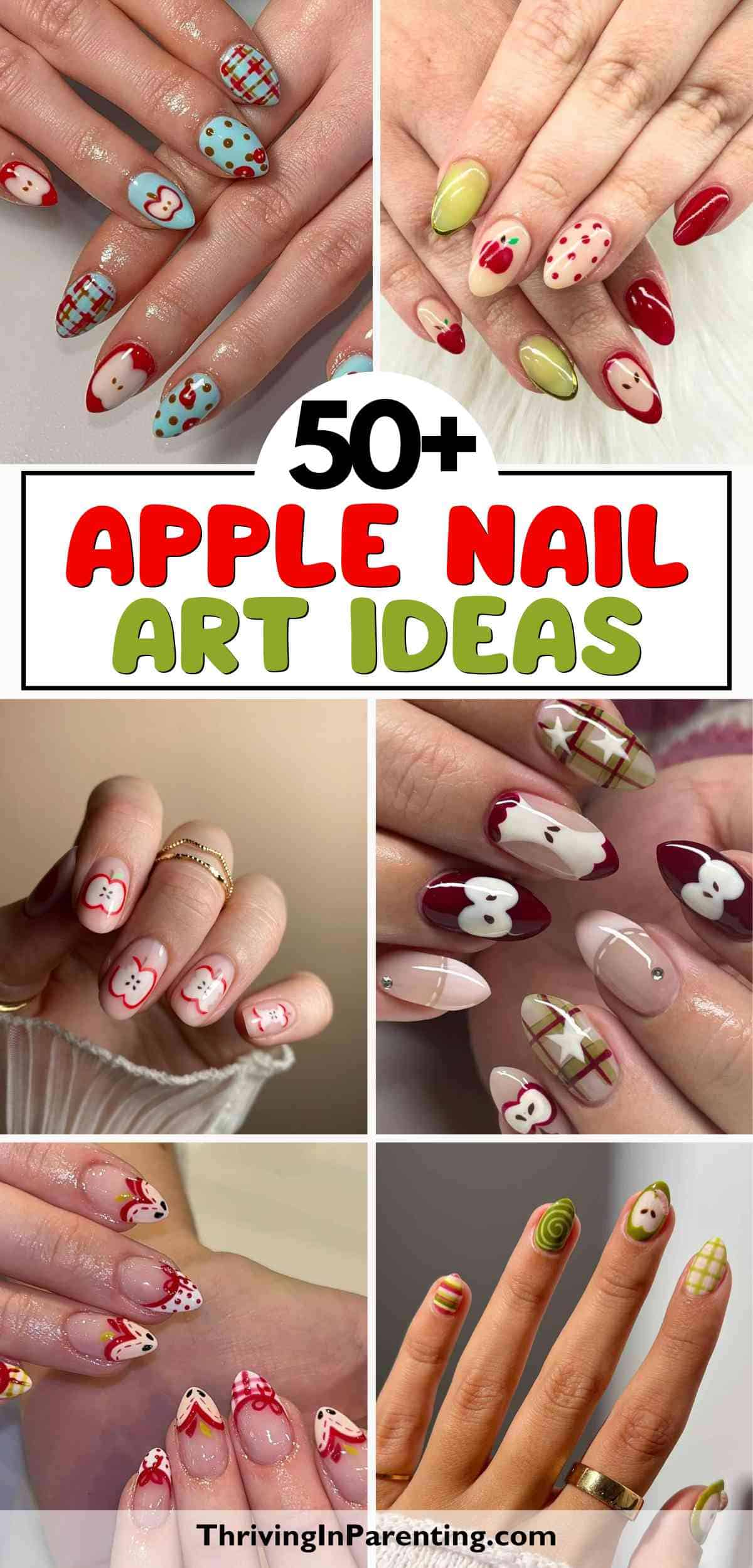 Collage of various manicured hands featuring creative apple nail ideas in red, green, and white, with apple shapes and patterns.