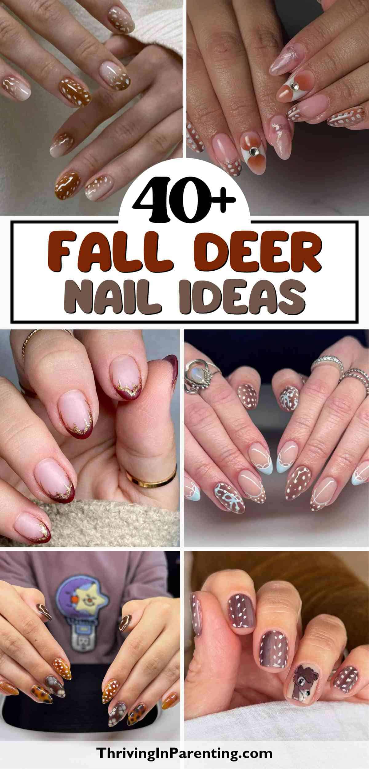 A collage of hands with various fall-themed deer nail designs, including patterns, brown tones, and illustrated deer.