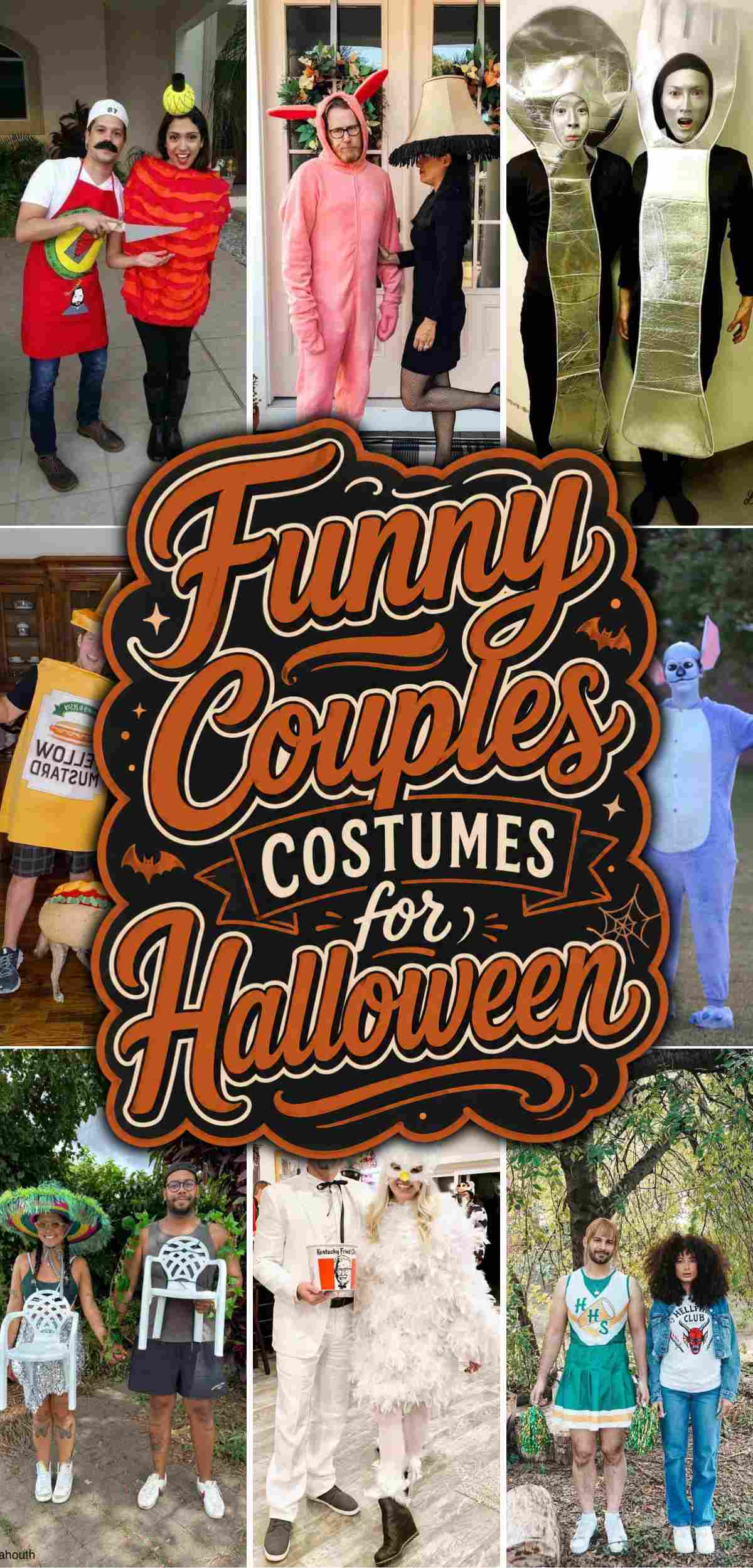 Collage of couples wearing creative Halloween costumes, including food items, animals, horror movie Halloween costume ideas, and humorous themes, with "Funny Couples Costumes for Halloween" text in the center.