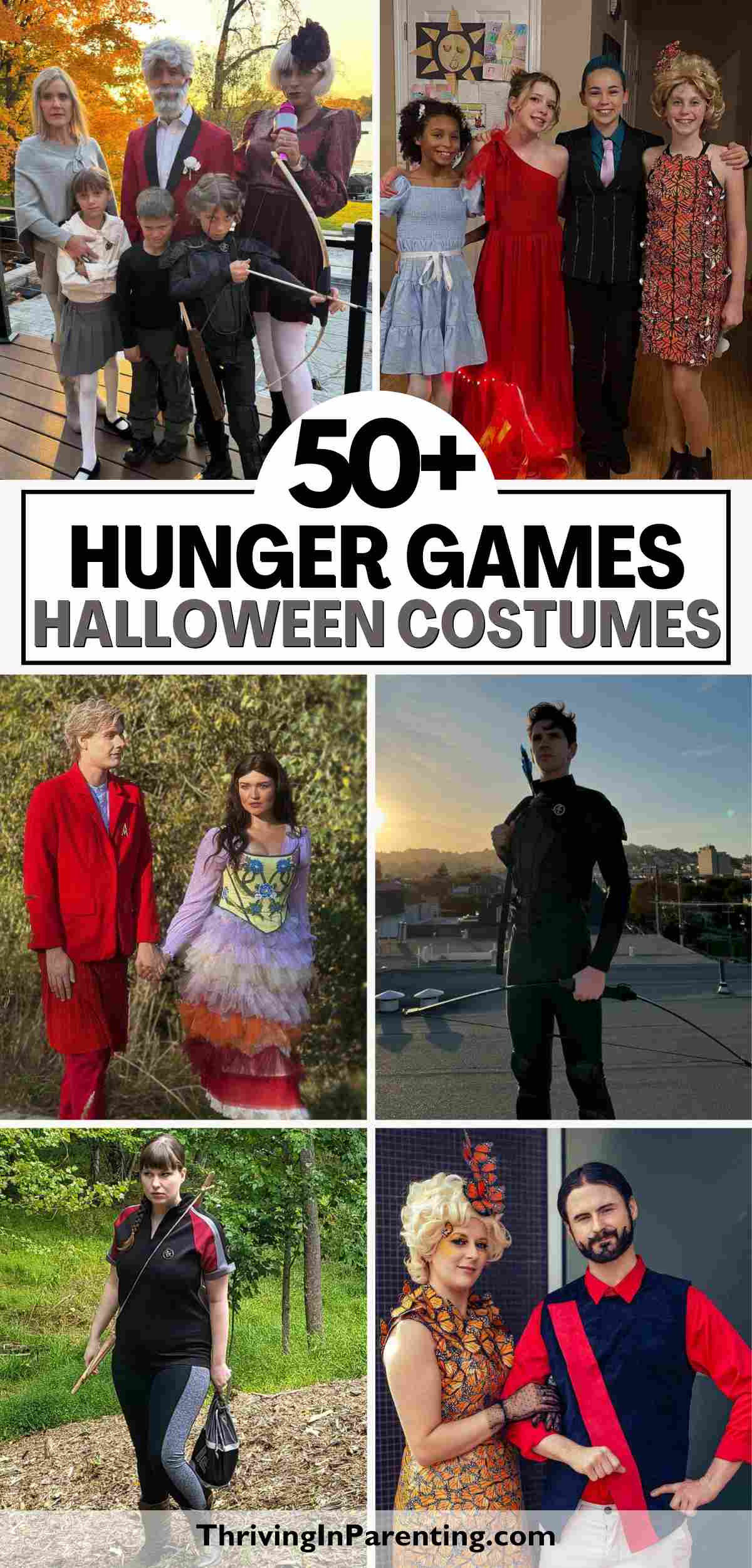 Collage of people wearing various Hunger Games Halloween costume ideas, featuring characters like Effie, Katniss, and Peeta.