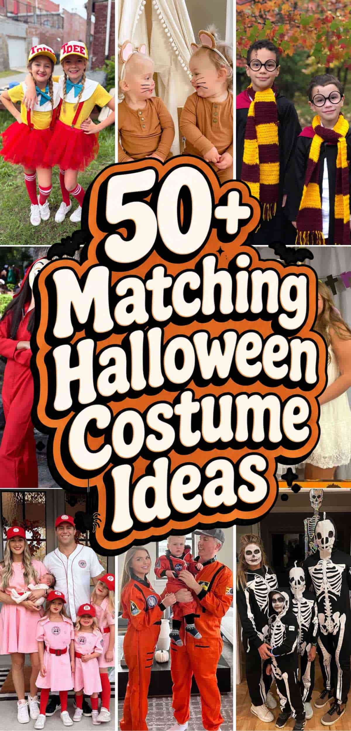 Collage of people in matching Halloween costumes, including skeletons, wizards, astronauts, and characters in red, with text: "50+ Matching Halloween Costume Ideas.