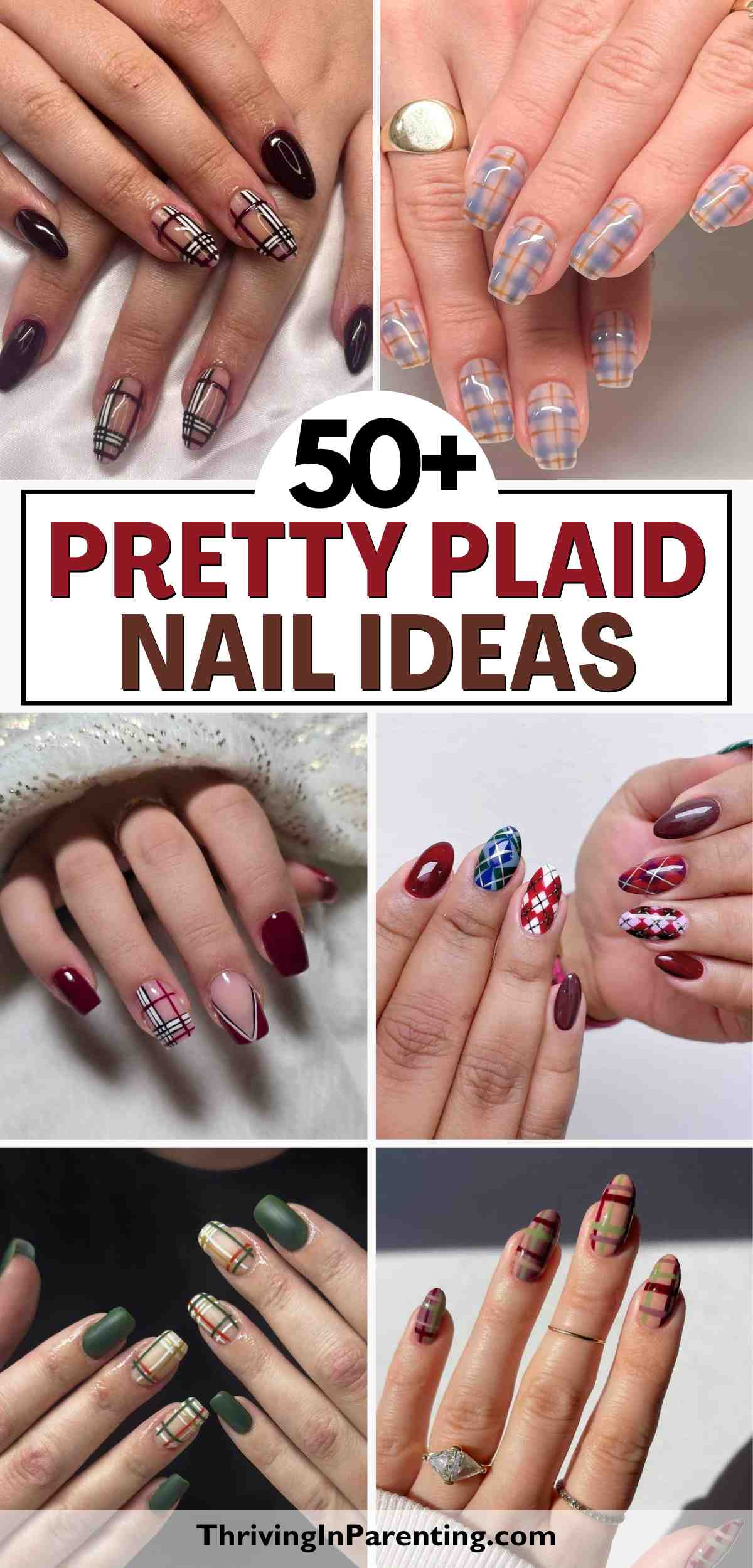 Collage showing various hands with different plaid nail art designs in a range of colors and style.
