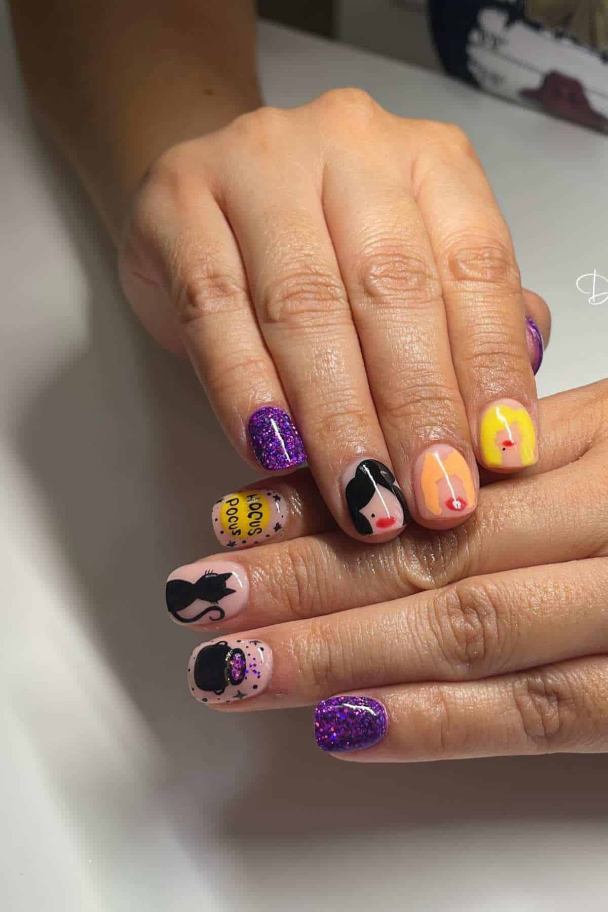 Hands with purple glitter nails and accent art, including women’s faces, silhouettes, and the phrase “Boss Boss” on yellow backgrounds.