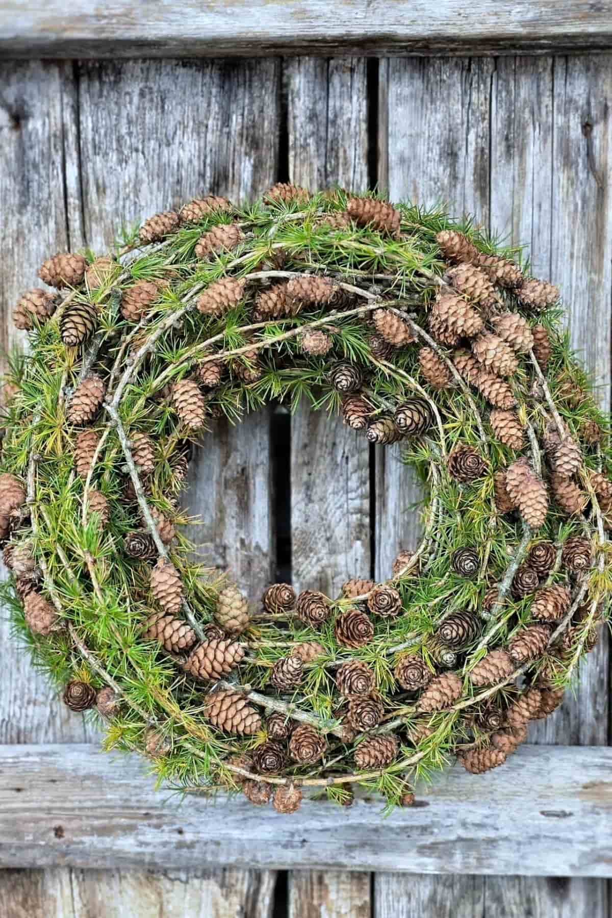 A round wreath made of green pine needles and brown pinecones hangs on a weathered wooden door.