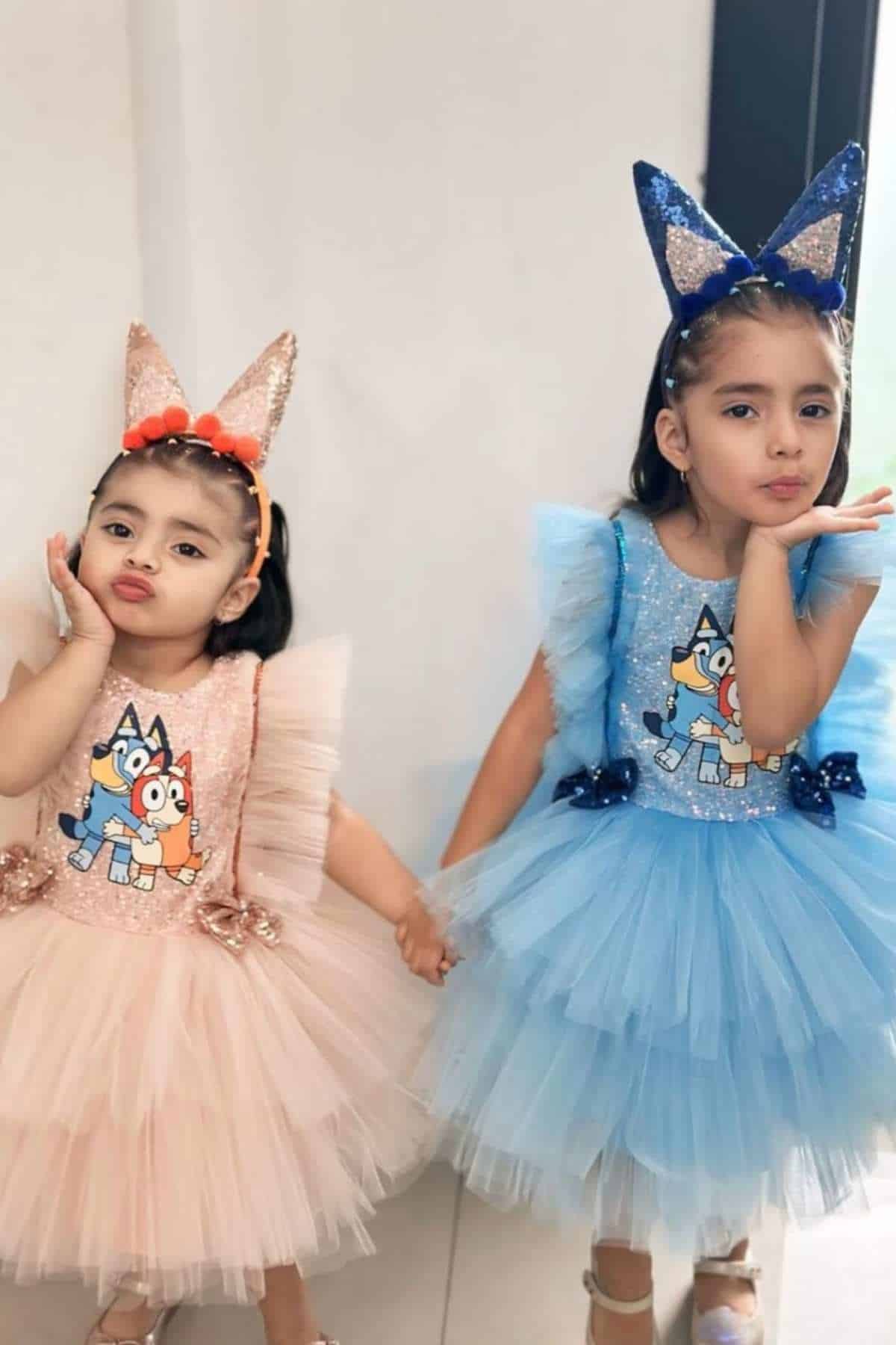Two young girls pose indoors wearing frilly Bluey-themed dresses and matching cat ear headbands, one in pink and one in blue.