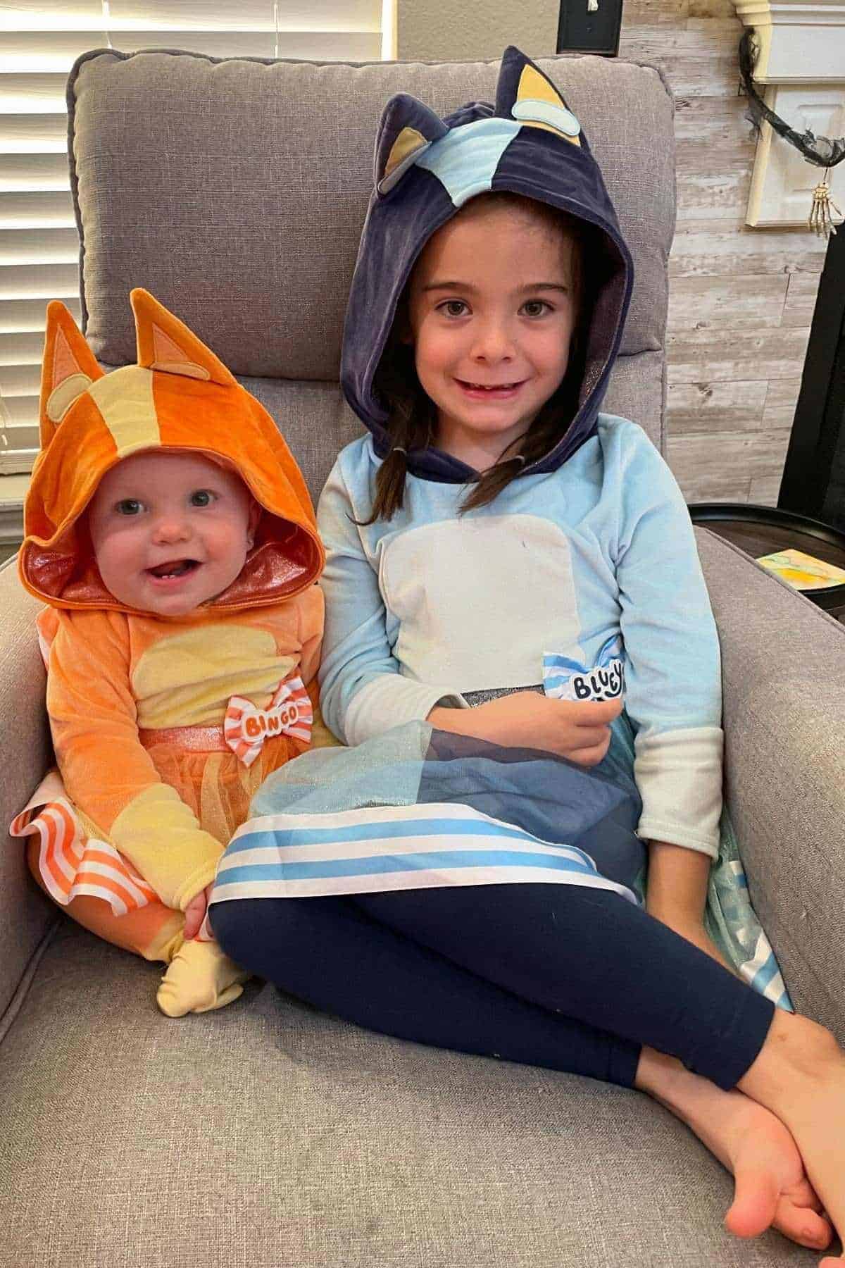 Two young children sit on a gray chair wearing Bluey and Bingo costumes with hoods, smiling at the camera.