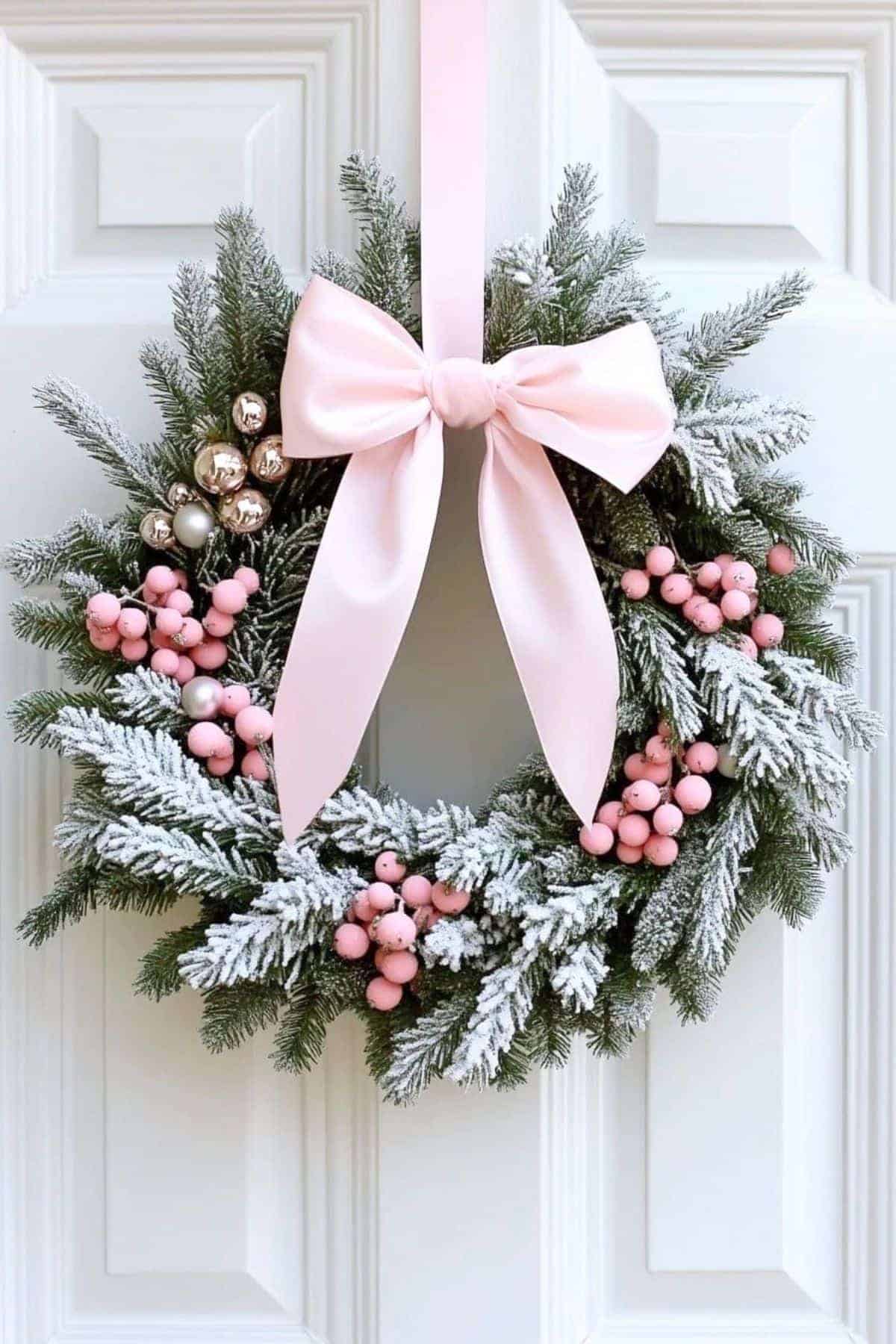 A frosted evergreen wreath with pink berries, silver ornaments, and a large pink bow hangs on a white door.