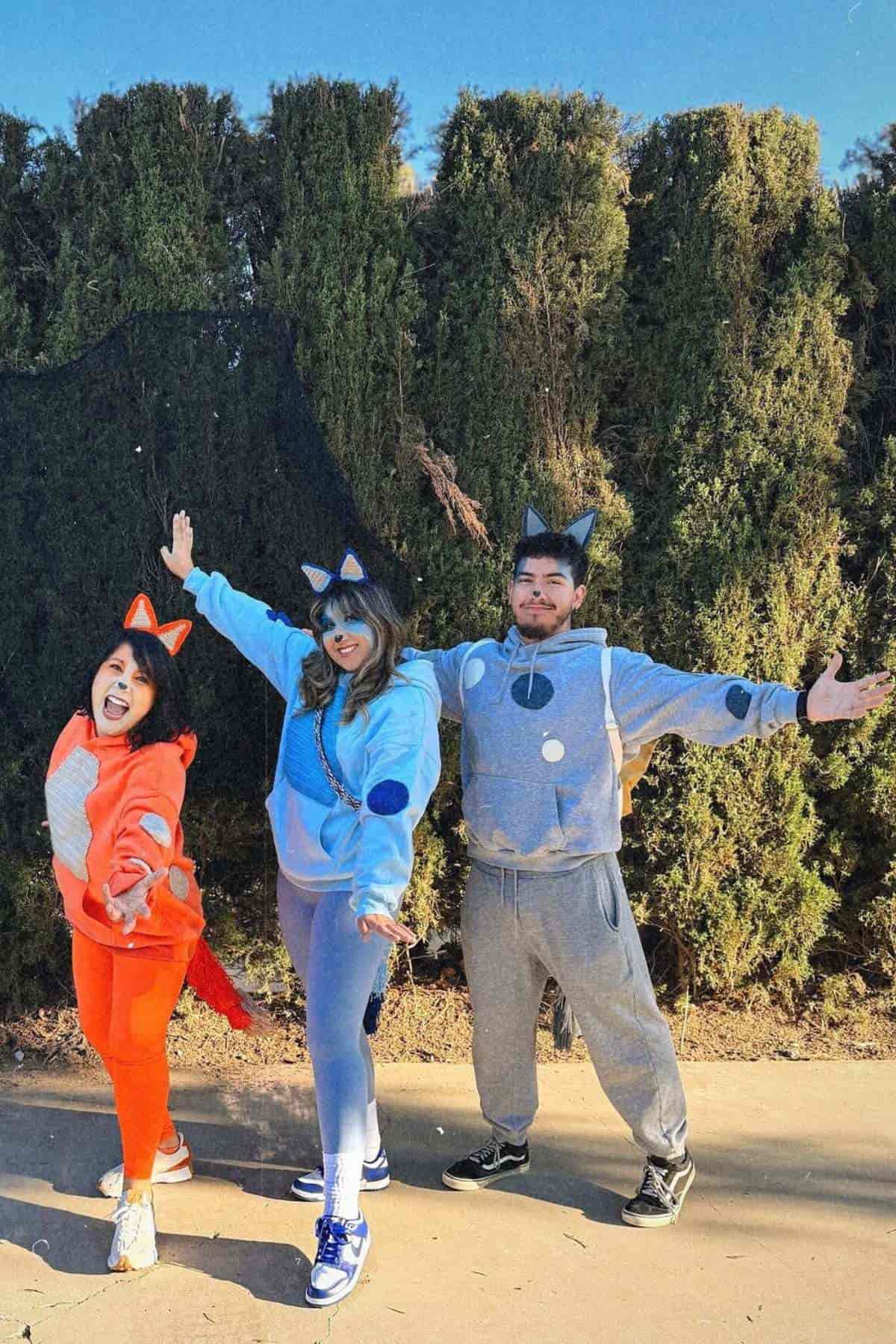 Three people pose outdoors wearing colorful animal-themed costumes with ears and tails, standing in front of tall green bushes.
