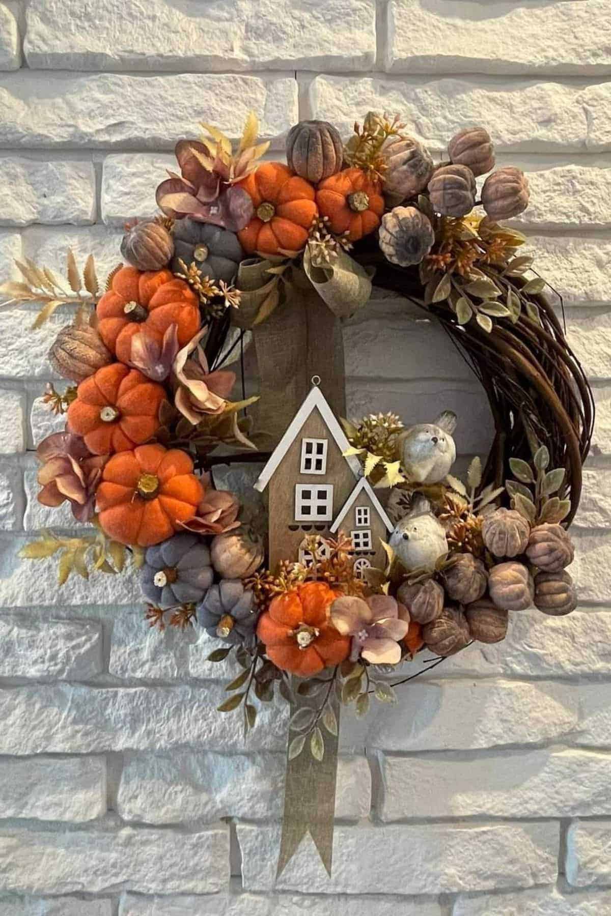 A fall wreath with orange and brown pumpkins, leaves, and a small wooden house, hung on a white brick wall.