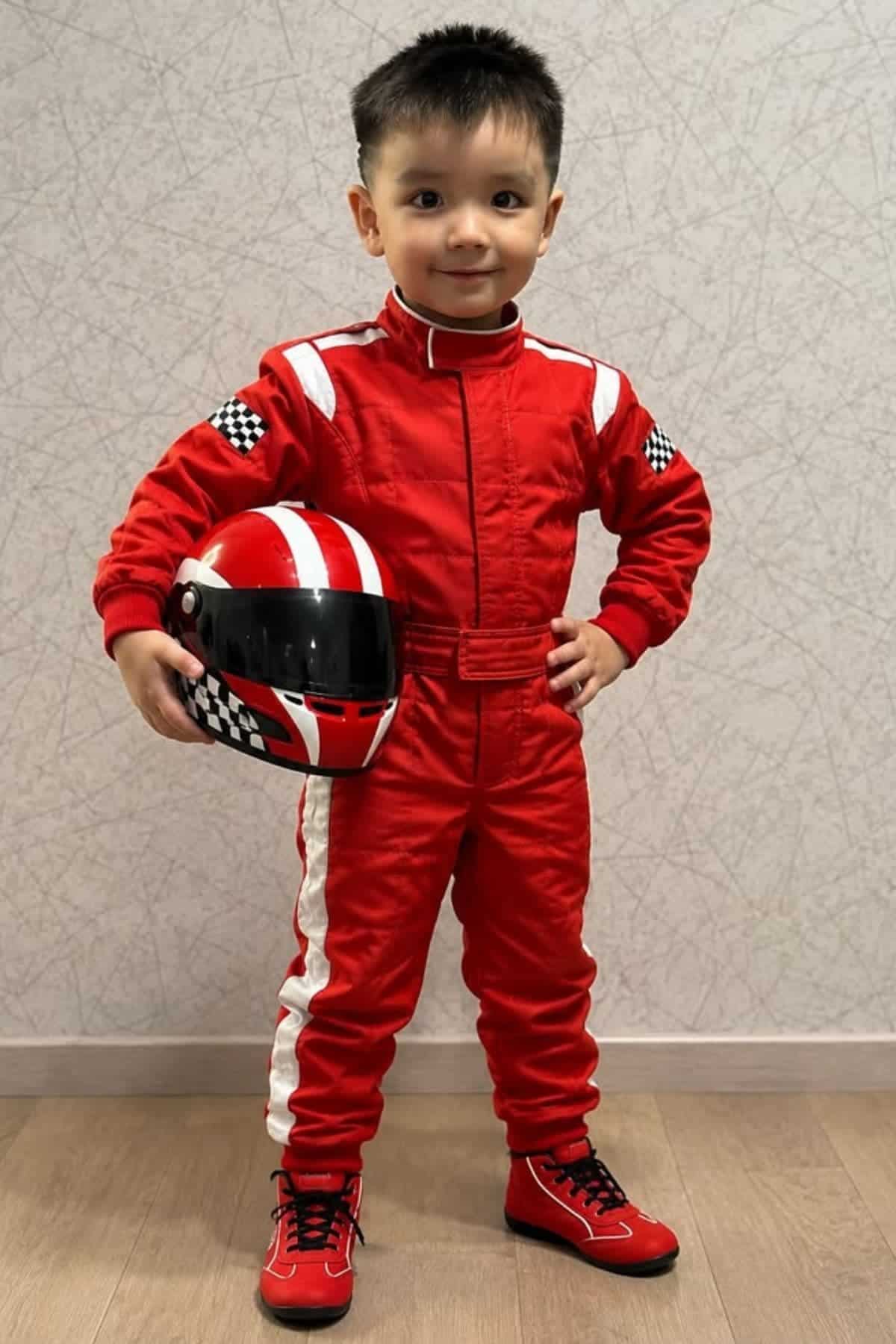 Young child in a red racing suit stands indoors holding a matching helmet. The suit has white stripes and checkered patches on the arms. The child is smiling and facing the camera.