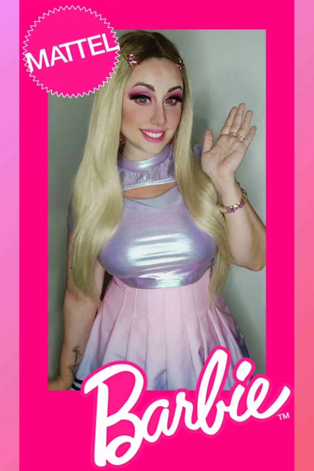 Person dressed in a pink and purple outfit with long blonde hair, waving and smiling inside a Barbie-themed frame with Mattel and Barbie logos.