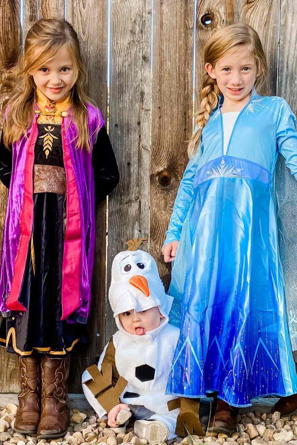 Three children in costumes stand by a wooden fence; two are dressed as princesses and one as a snowman, sitting on the ground between them.
