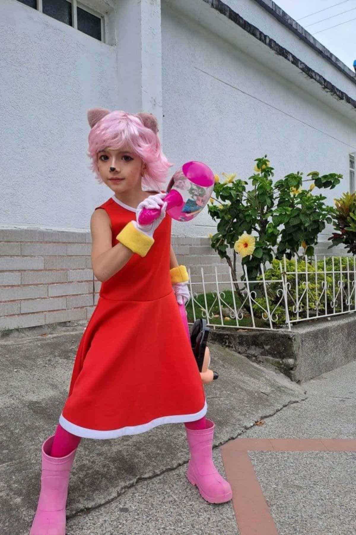 Child in a red dress, pink wig, cat ears, gloves, and boots inspired by Amy Rose poses outdoors in front of a white building and yellow flowers.