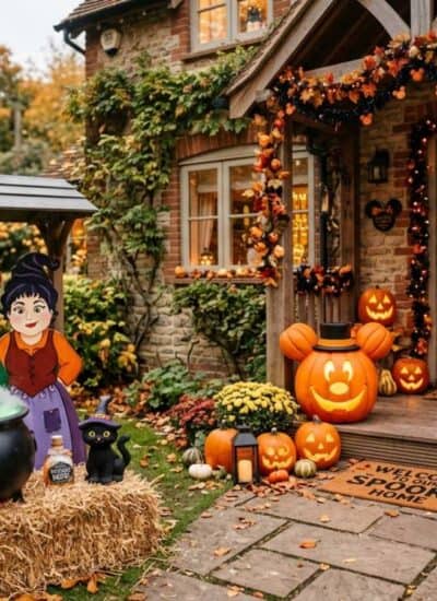 A house decorated for Halloween with jack-o’-lanterns, autumn leaves, and life-size cutouts of three witches next to a cauldron on hay. A black cat figure is also present.