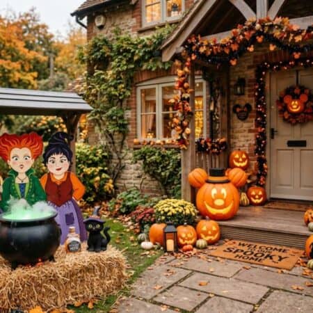 A house decorated for Halloween with jack-o’-lanterns, autumn leaves, and life-size cutouts of three witches next to a cauldron on hay. A black cat figure is also present.