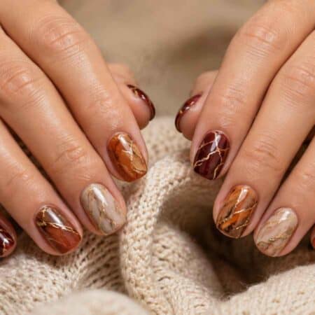Hands with short, almond-shaped nails featuring marbled brown, beige, and gold nail art. The person wears thin gold rings and rests their hands on a textured beige fabric.