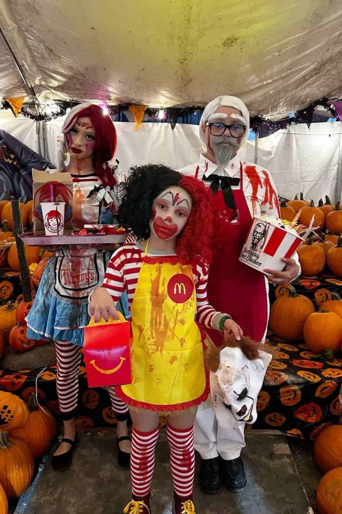 Three people in blood-stained fast food-themed costumes pose with food containers, standing among pumpkins under a decorated tent.