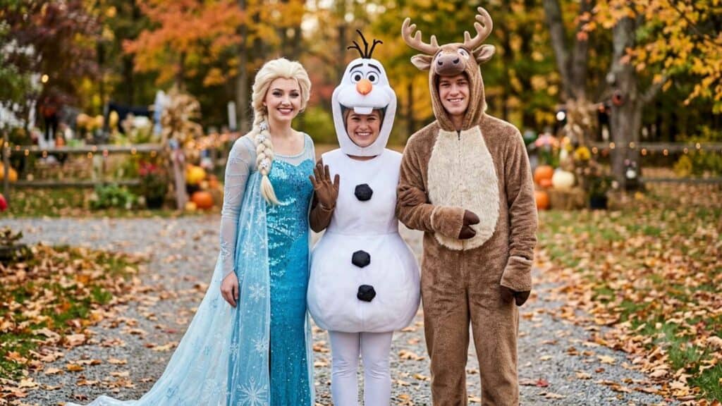 Three people in costumes stand outdoors: one as Elsa, one as Olaf, and one as Sven from Frozen, with autumn trees and pumpkins in the background.