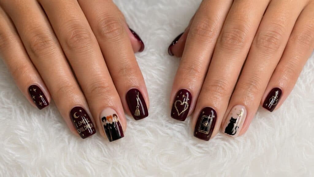 Hands with dark maroon Halloween-themed nail art, featuring cats, witches, stars, a heart, and the phrase “I smell children” on a white textured surface.