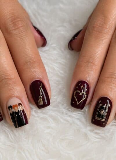 Hands with dark maroon Halloween-themed nail art, featuring cats, witches, stars, a heart, and the phrase “I smell children” on a white textured surface.