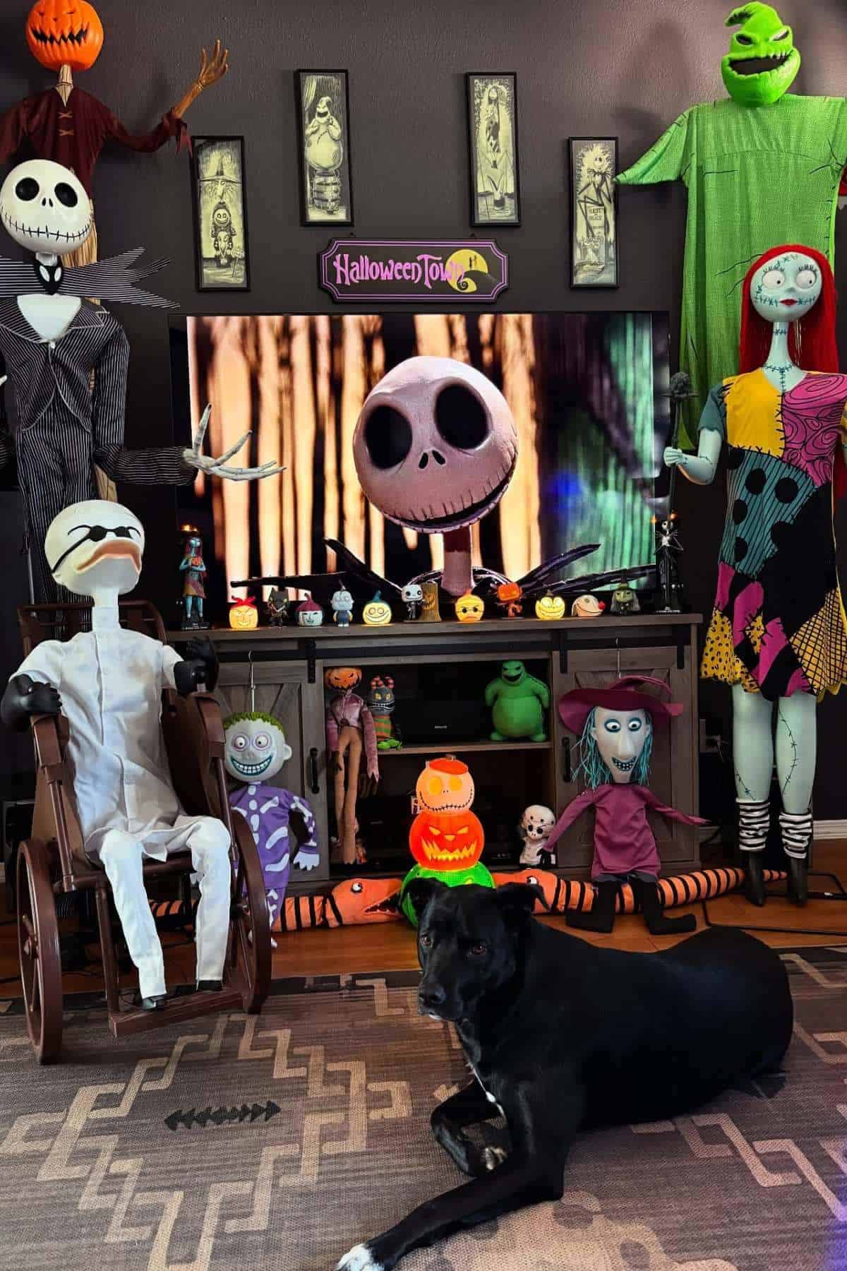 A room decorated with “The Nightmare Before Christmas” figures, a TV showing Jack Skellington, and a black dog lying on the rug in front of the display.
