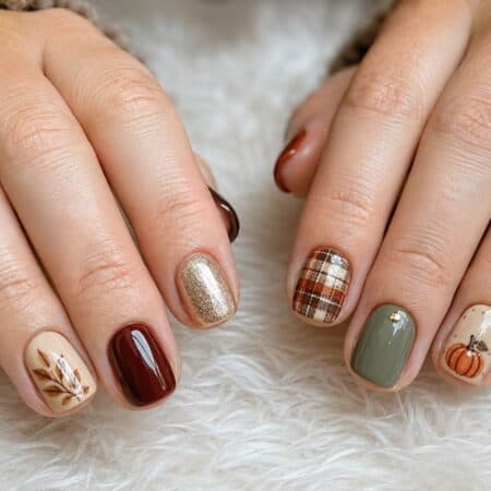 Hands with short nails, each painted in fall-themed colors and designs including leaves, plaid, gold, green, and a pumpkin, resting on a white textured surface.