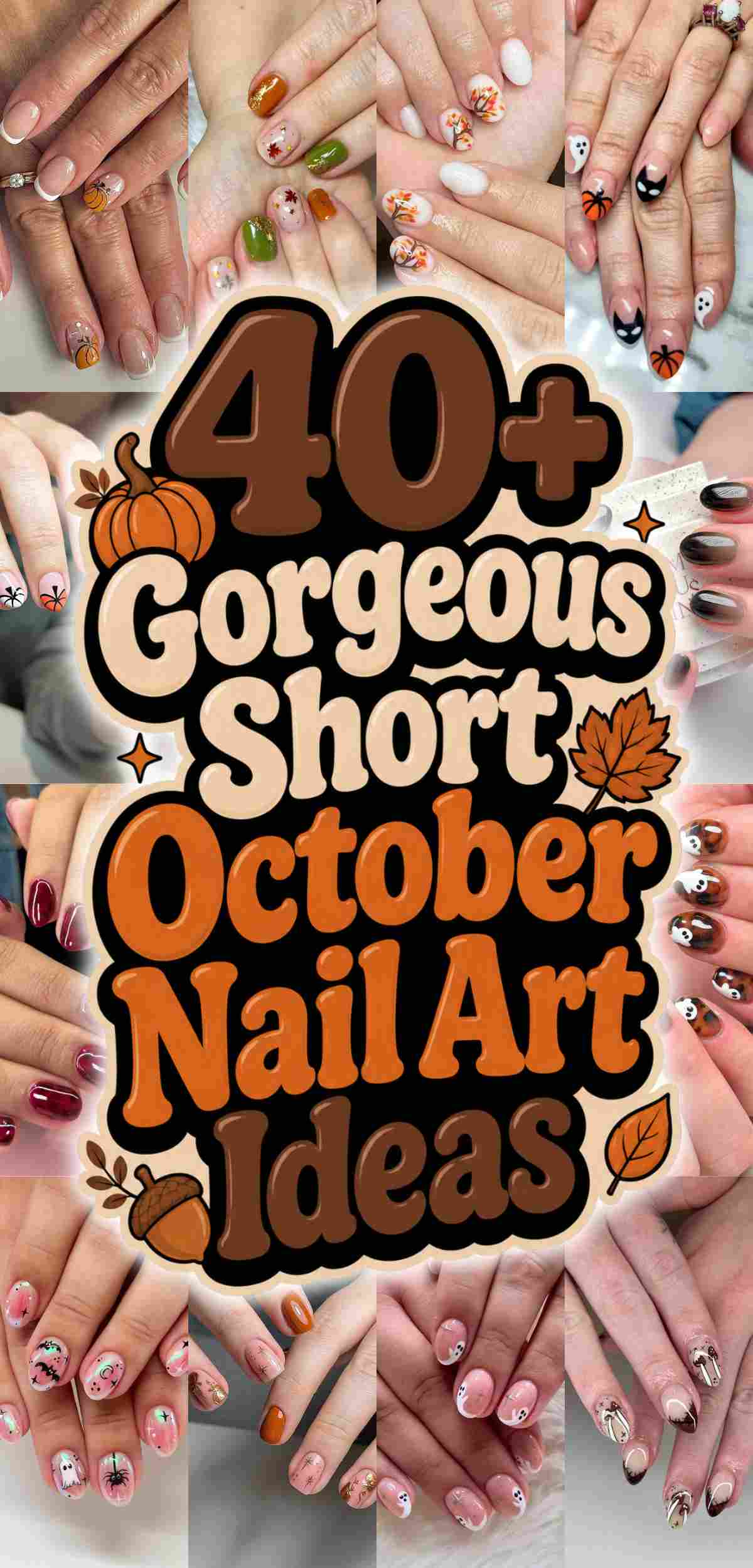 Collage of hands with various October-themed nail art designs, surrounding a text graphic that reads “40+ Gorgeous Short October Nail Art Ideas” with autumn and Halloween motifs.
