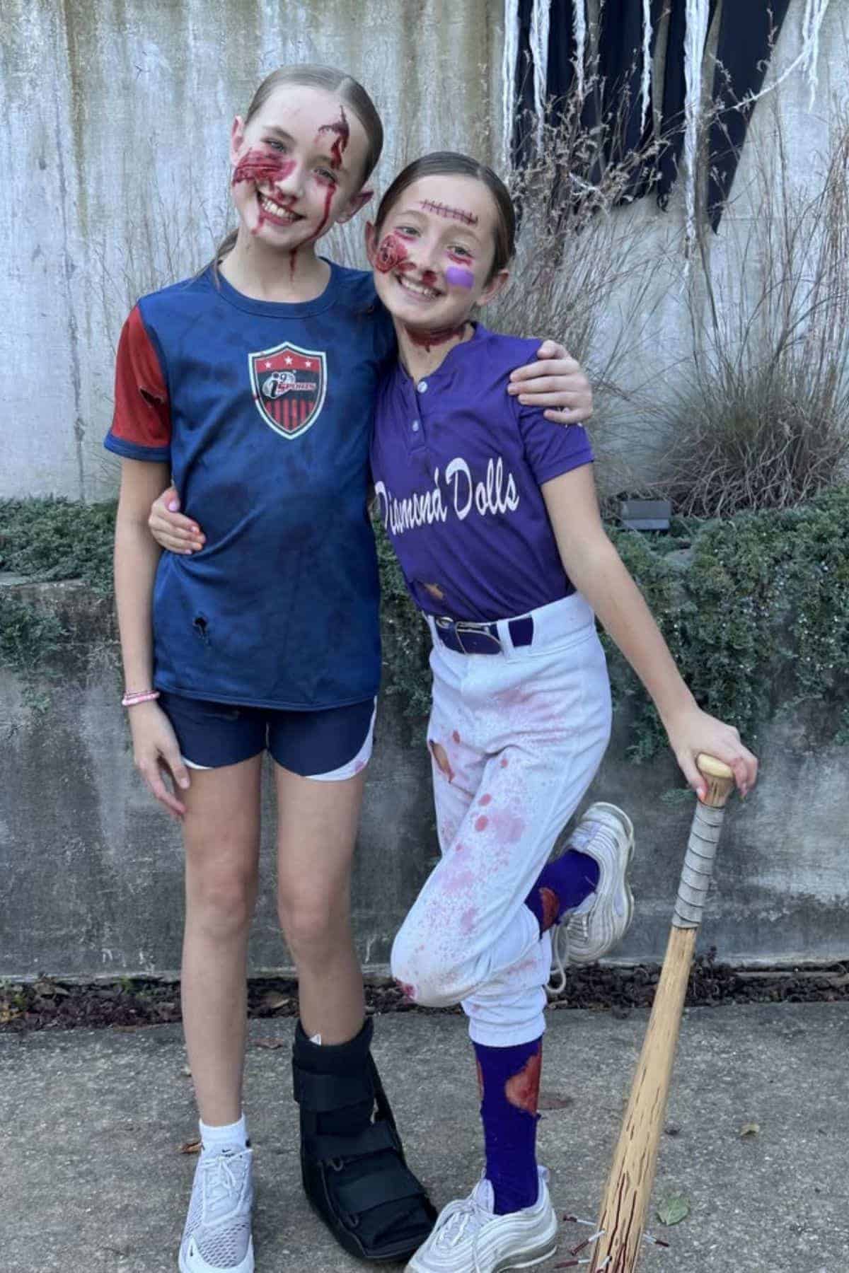 Two kids in baseball uniforms with zombie makeup and fake blood pose together outdoors; one is wearing a boot cast, and the other holds a bat.