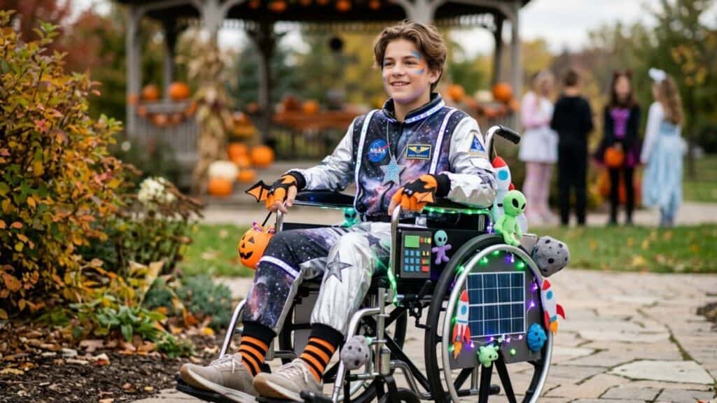 A child in a decorated wheelchair wears an astronaut costume and holds a pumpkin bucket outdoors, with Halloween decorations and kids in costumes in the background.