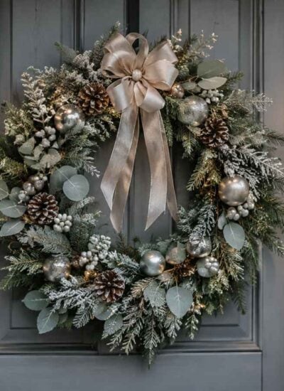 A decorated holiday wreath with pine cones, ornaments, and a large ribbon hangs on a gray front door surrounded by greenery and outdoor lanterns.